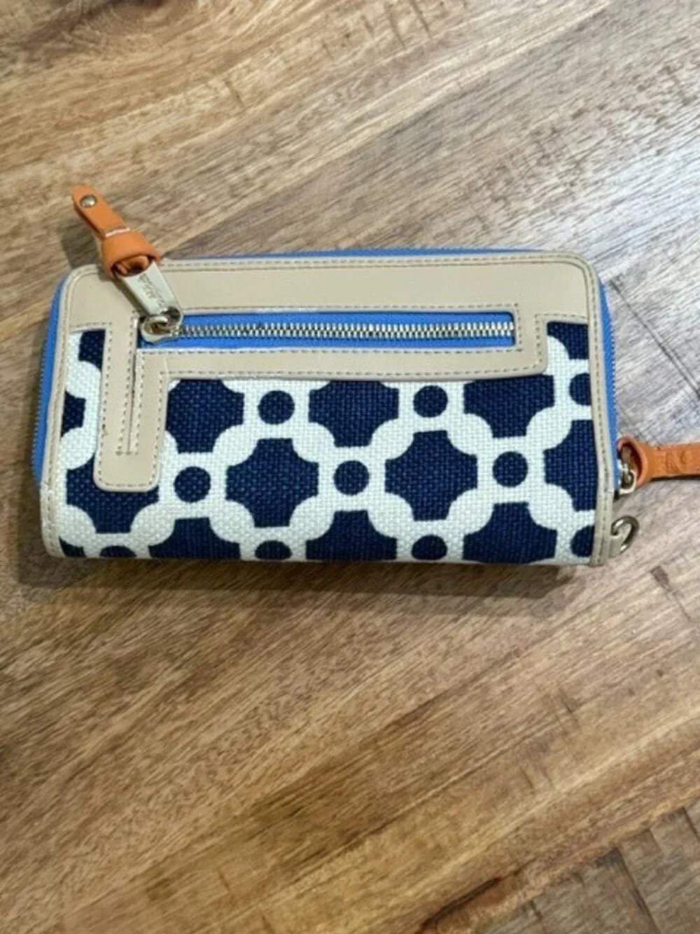 Spartina 449 May River Wallet Starfish Linen Leather Tan Navy White Snap Zip Aro